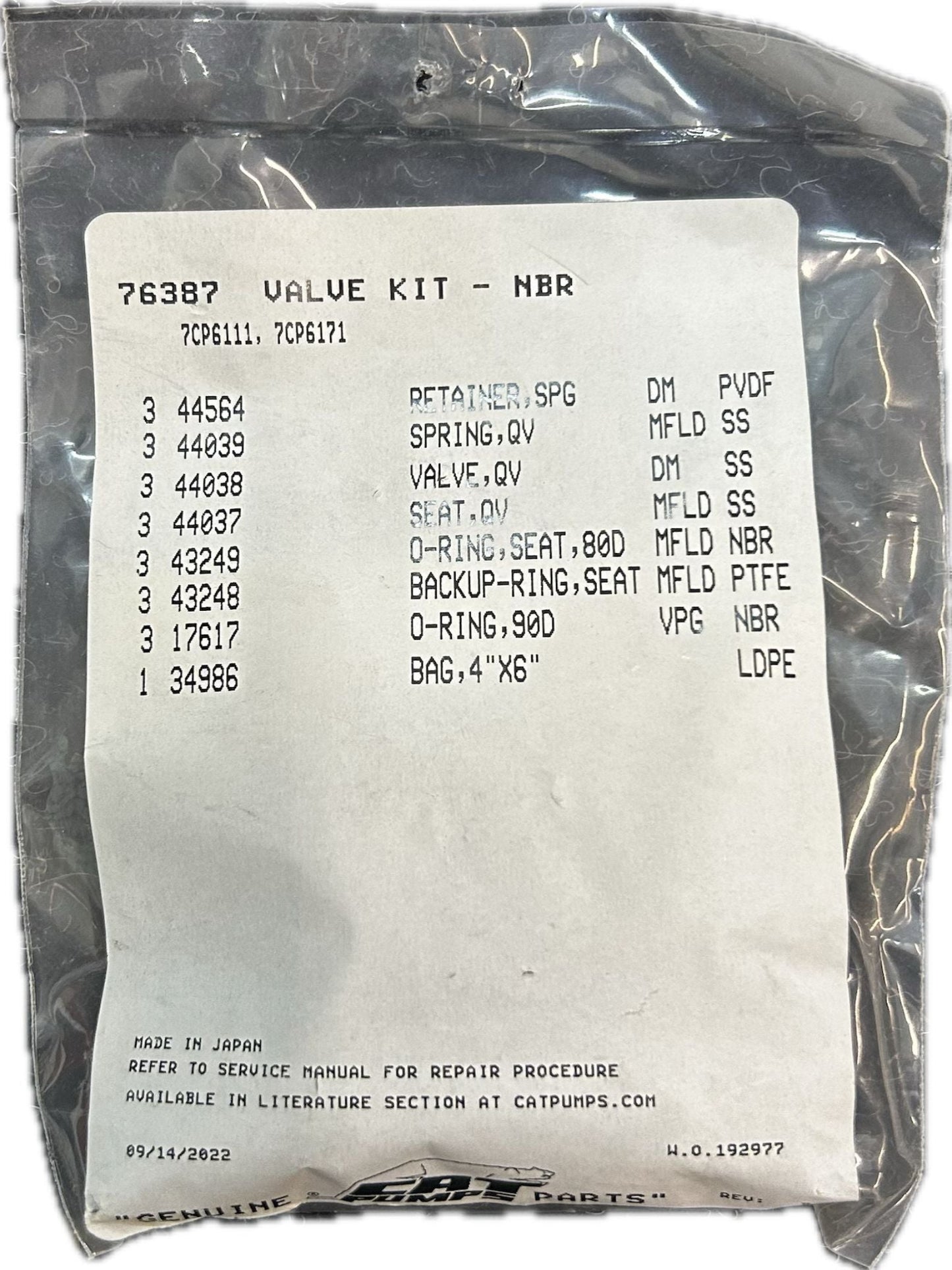 Cat Pumps 76387 Valve Kit - 7CP6111, 7CP6171