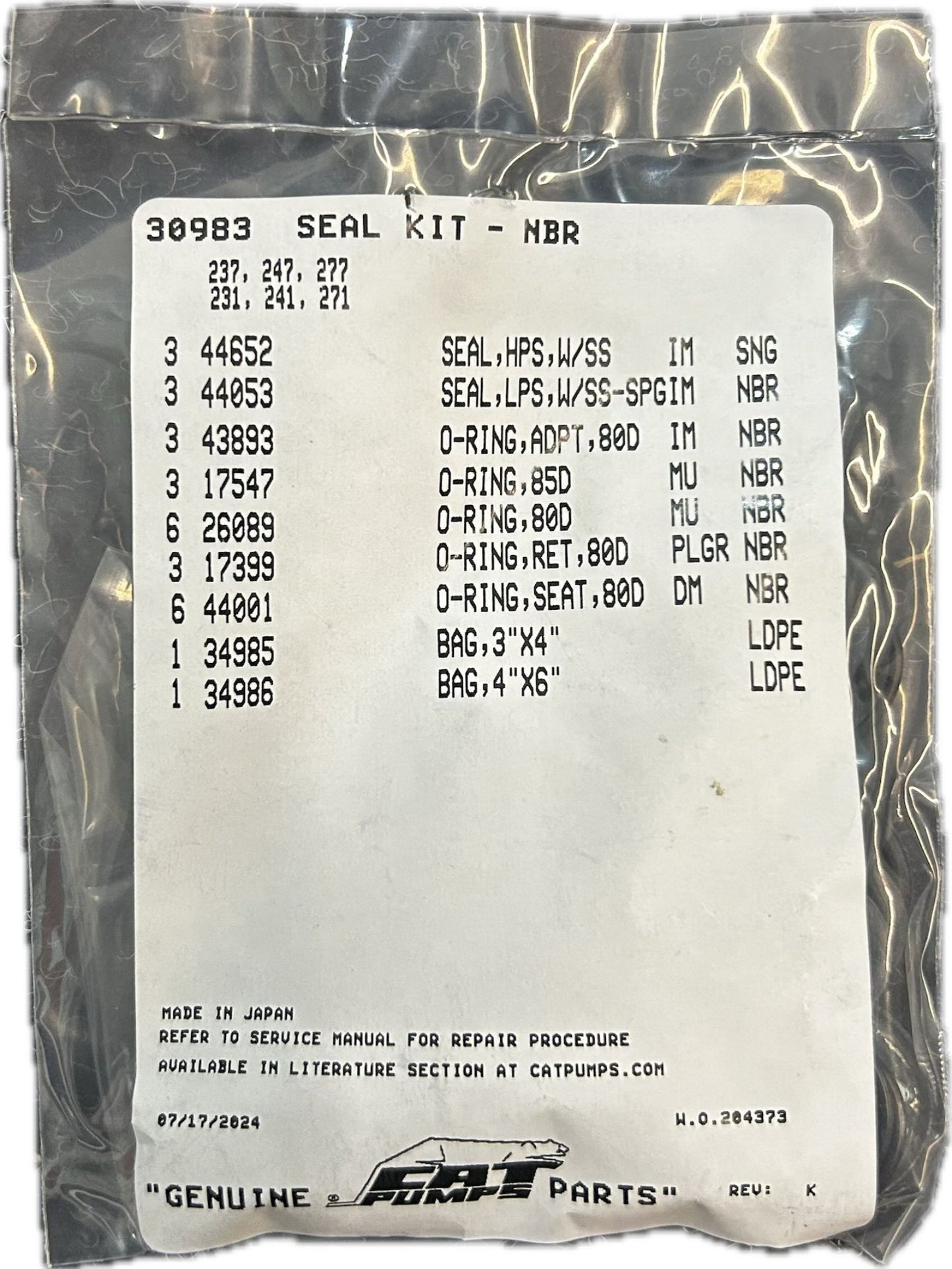 Cat Pumps 30983 Seal Kit - 237, 247, 277, 231, 241, 271